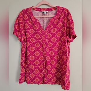 Croft & Barrow Shirt Pink Orange Geometric Floral Short Sleeve V-neck Size XL
